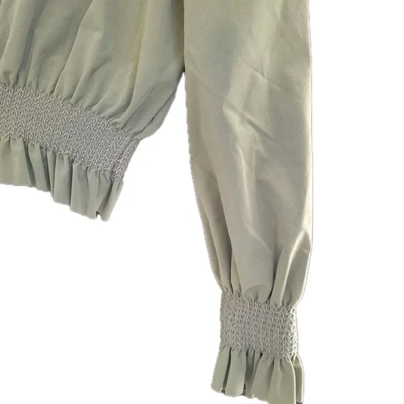 Zara Long Sleeve Crop Shirt‎ M Olive Green Trendy Casual Boho Romantic - Picture 5 of 7